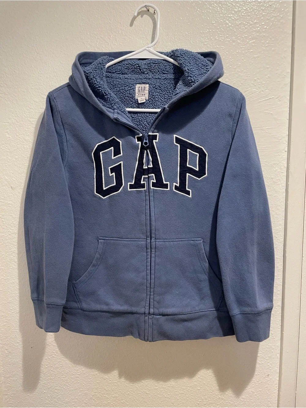 GAP Kids Hoodie XL Blue Cozy Sherpa Lined Full Zip Logo Sweatshirt Hoodie